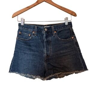 Levis Premium Ribcage Shorts 28‎ Dark Wash Ultra High Rise Raw Hem Denim Cutoffs